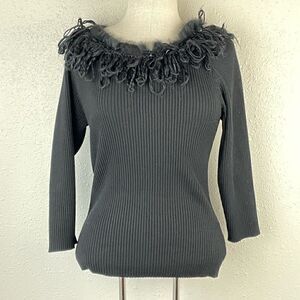 EUC Multiples Womens Black 3/4 Sleeve Top with Fringe and Sequins at Top Size M